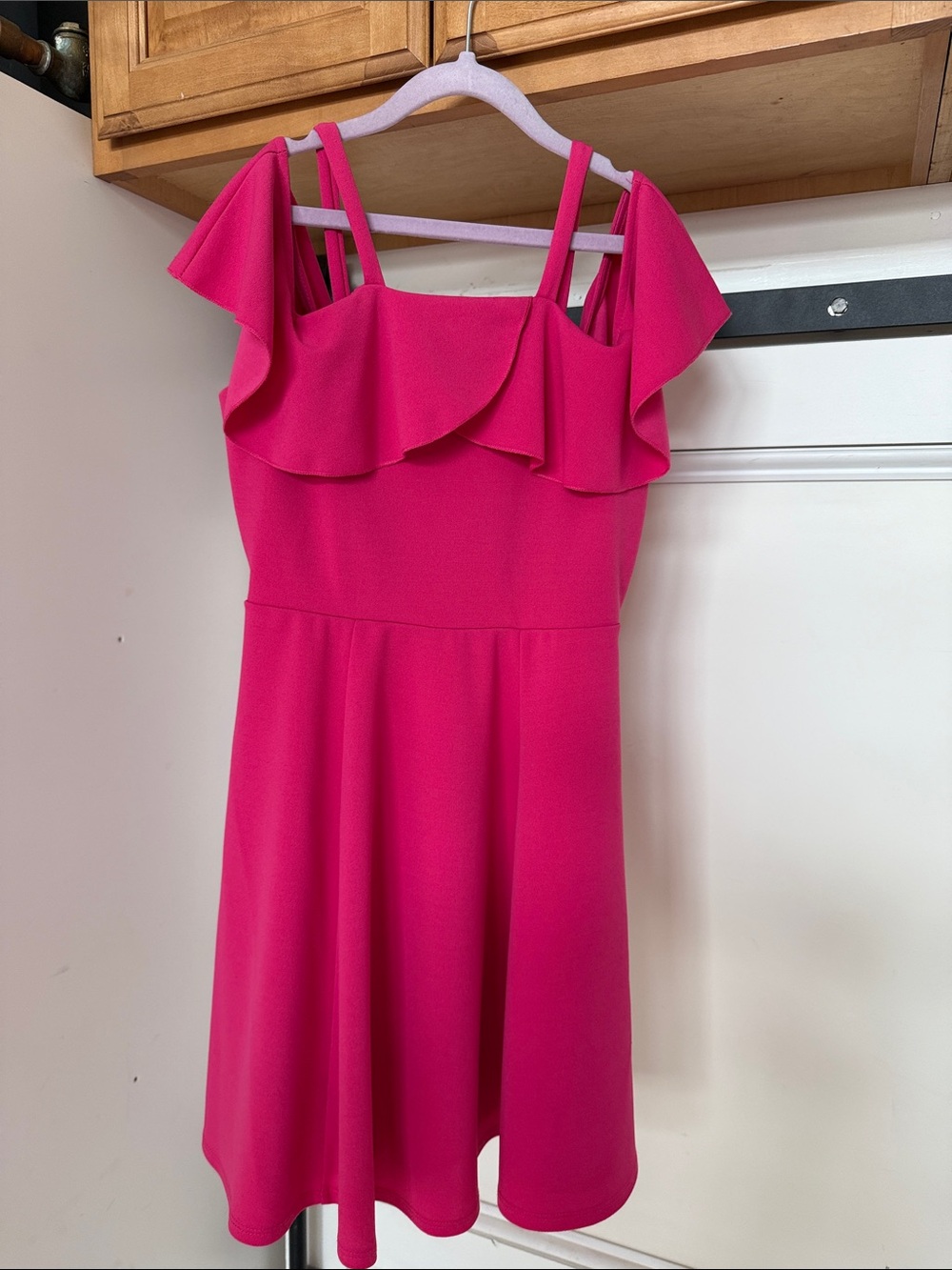 Girls Bright Pink Ruffle Cold-Shoulder Dress
